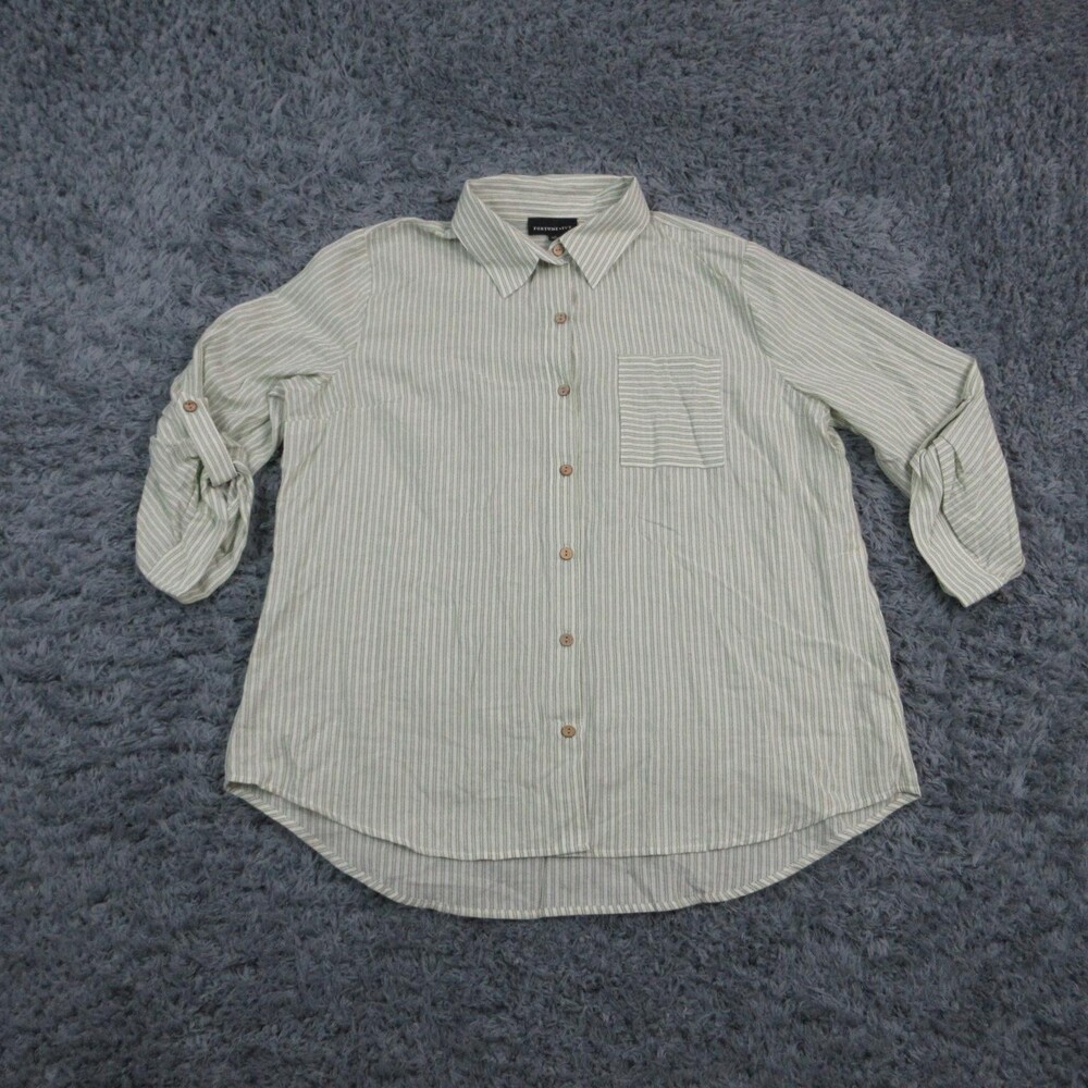 Fortune + Ivy Tunic Womens L Green Striped Button-Up Roll Tab Sleeve Pocket